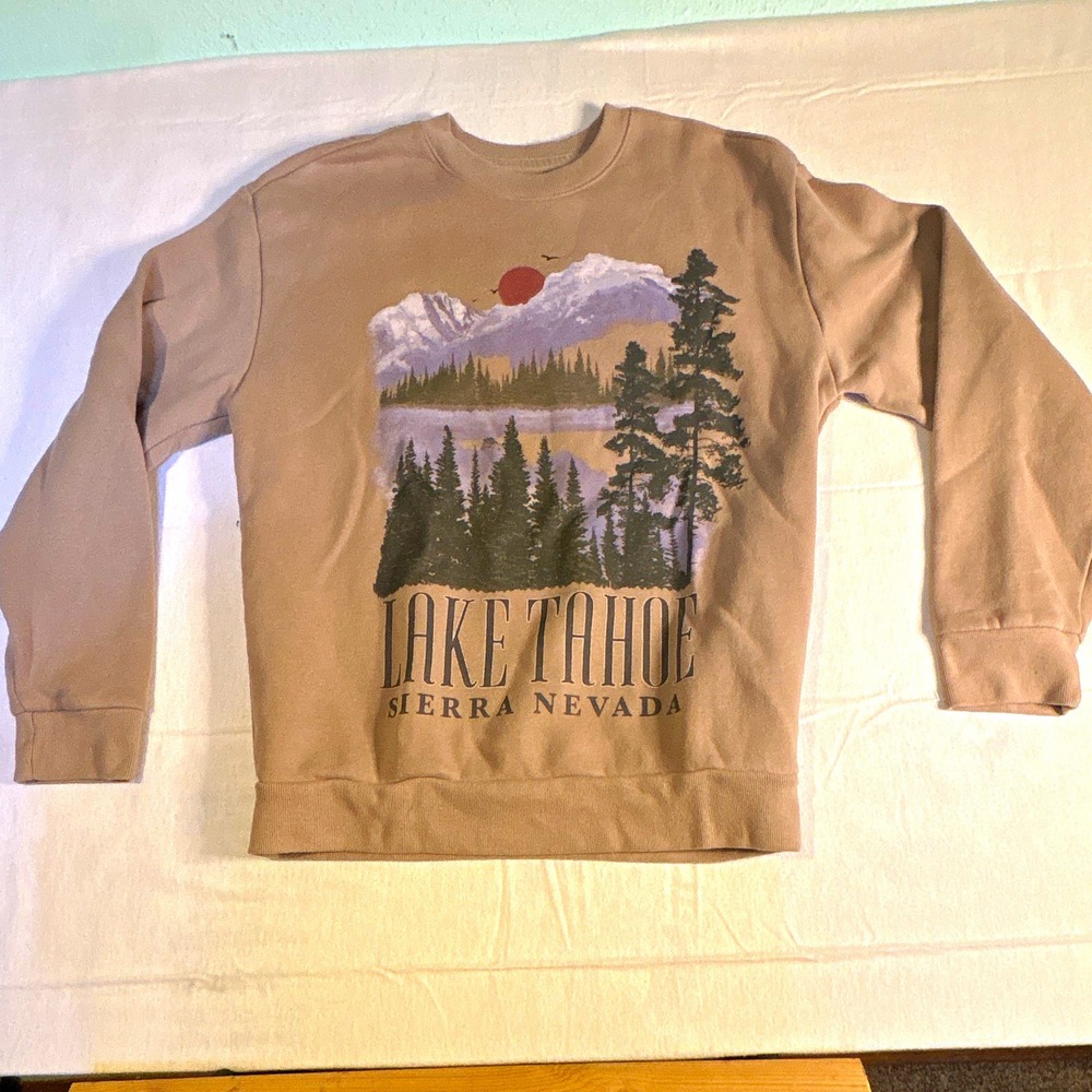 Hollister Mens Relaxed Fleece Pullover Sweatshirt Beige Lake Tahoe Graphic M